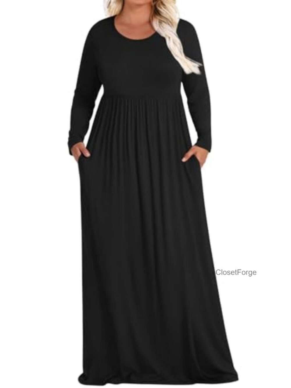 Plus Size Maxi Dress with Pockets, Long Sleeve Empire Waist, Flowy Swing Dress
